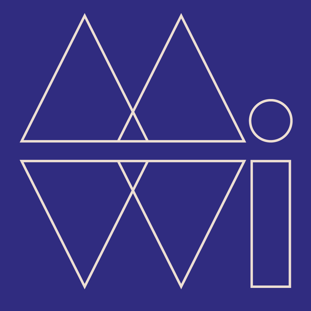 Machines We Imagine logo: the letters M, W and I drawn as outlined triangles, a circle and a bar in pale pink on indigo